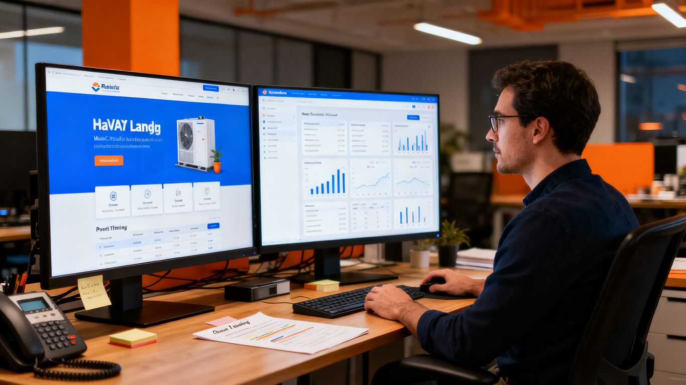 HVAC marketer reviewing landing page test data
