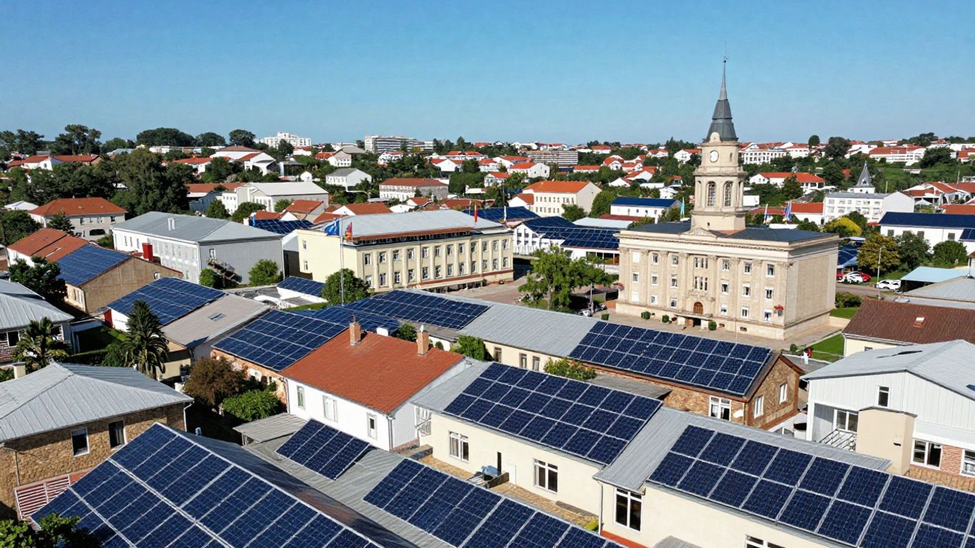Panneaux solaires sur les toits des maisons et des mairies.