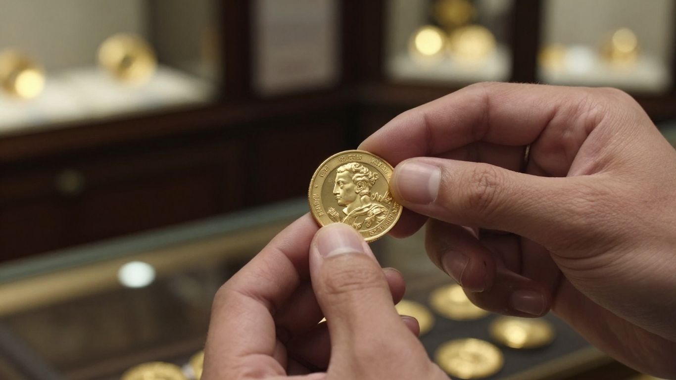 Mains examinant une pièce d'or dans une bijouterie.