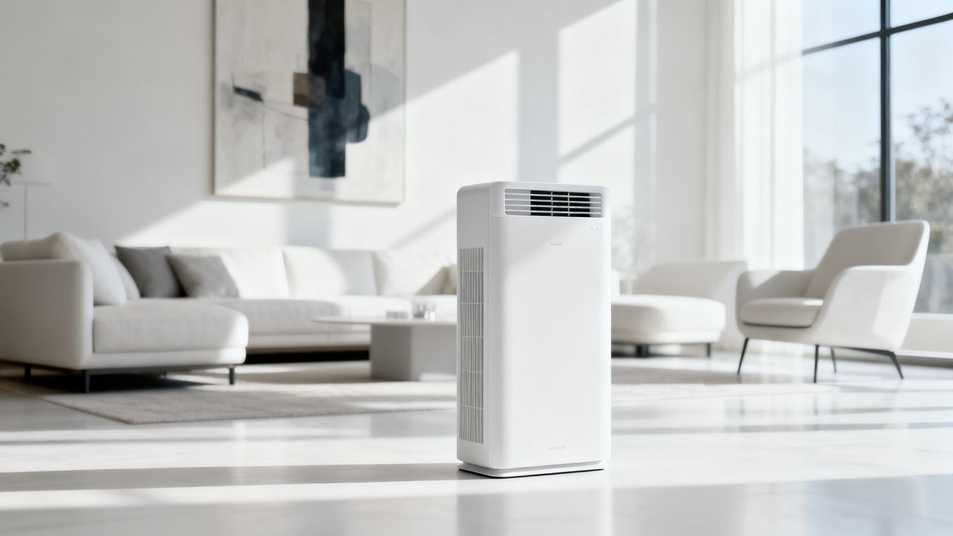 A modern living room featuring a sleek white air purifier