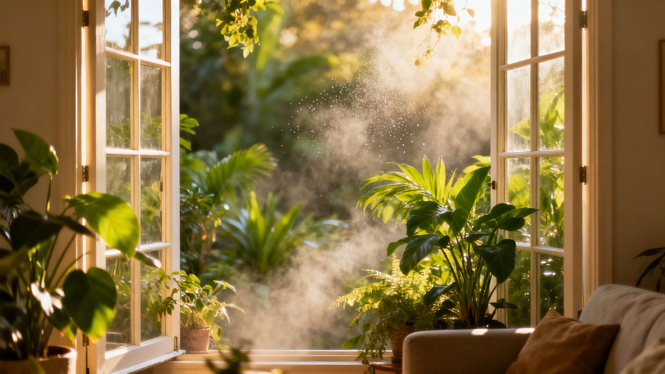 Healthy home air with plants and sunlight.