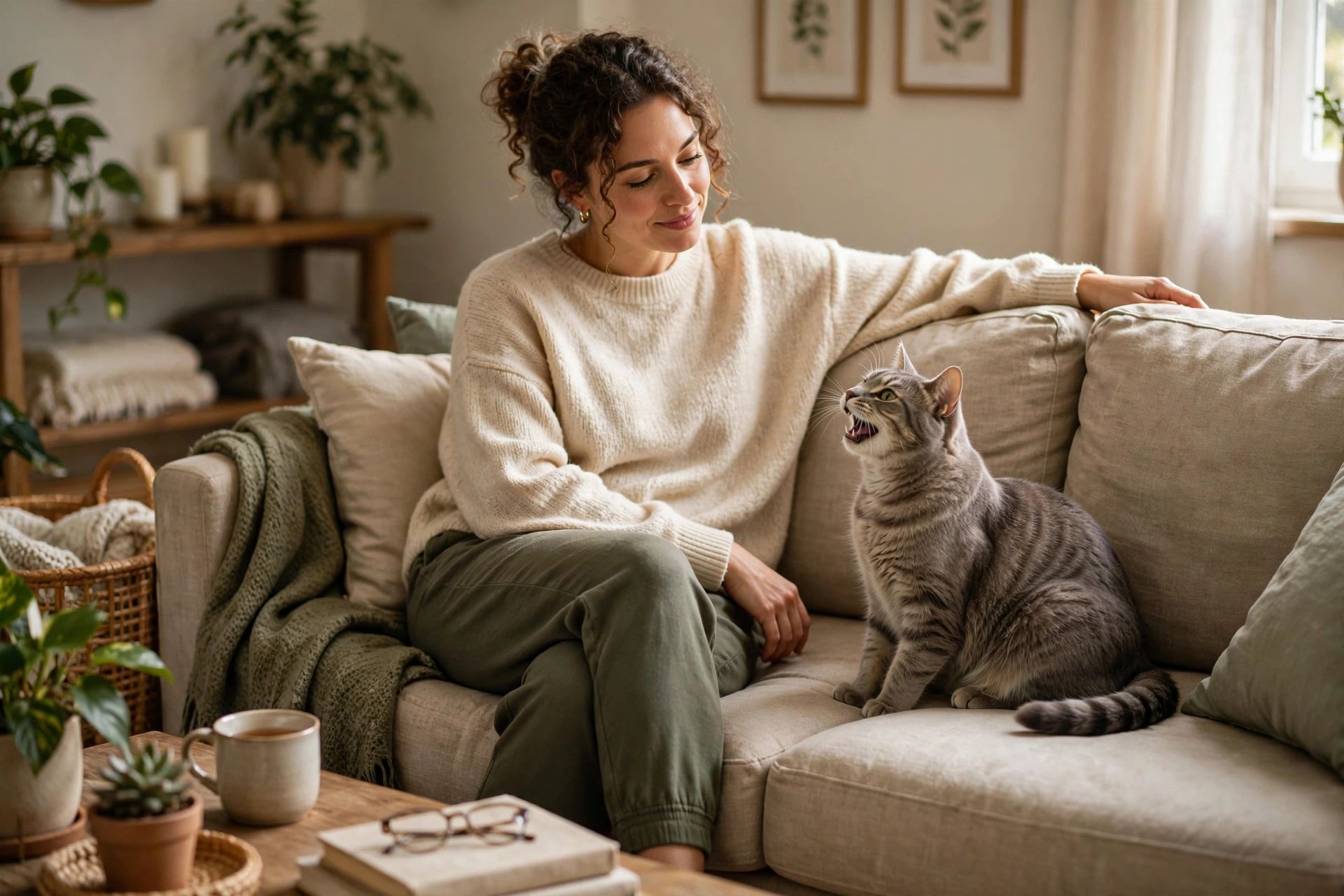 A cat meowing beside its owner, with relaxed body language and a calm home setting