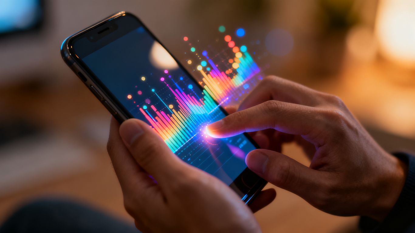 Hands holding smartphone with abstract data visualization.