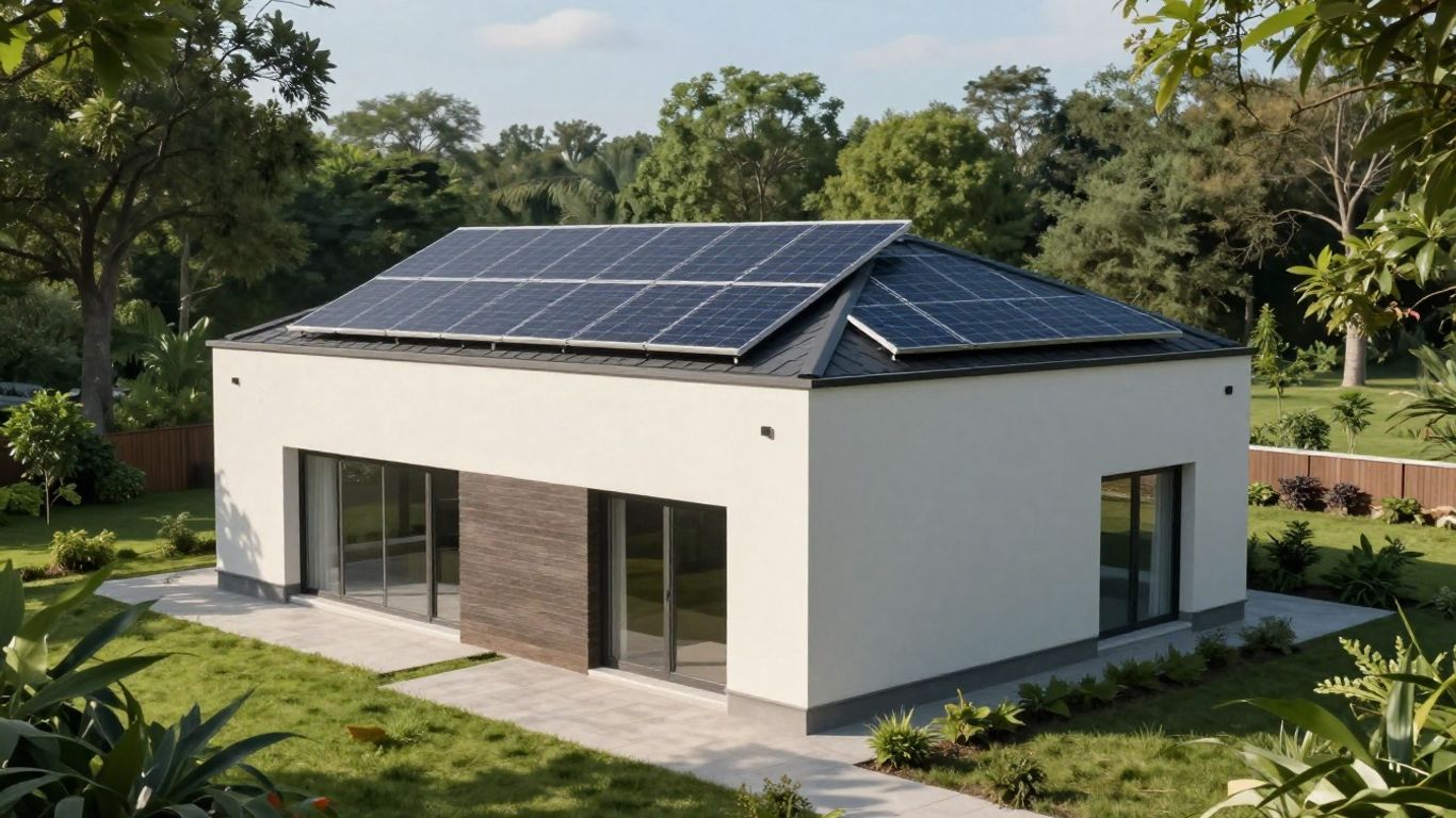 Maison écologique moderne avec panneaux solaires et verdure.
