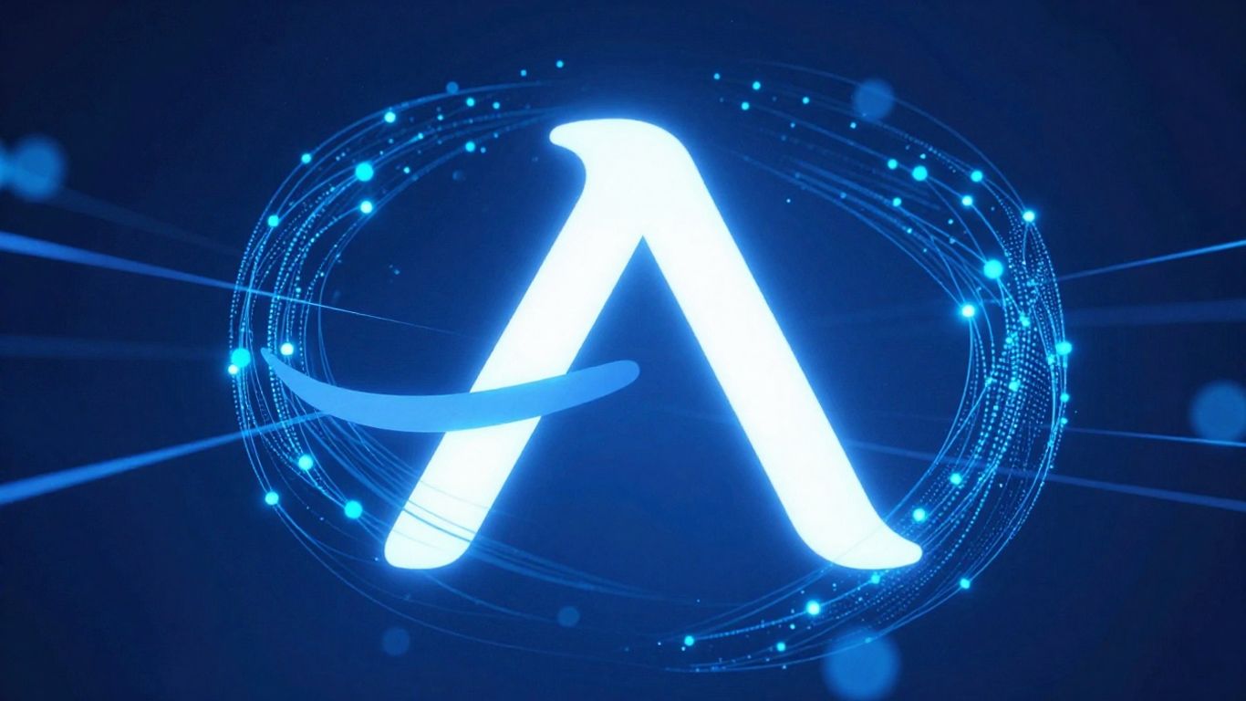 Amazon logo with abstract data points and lines.
