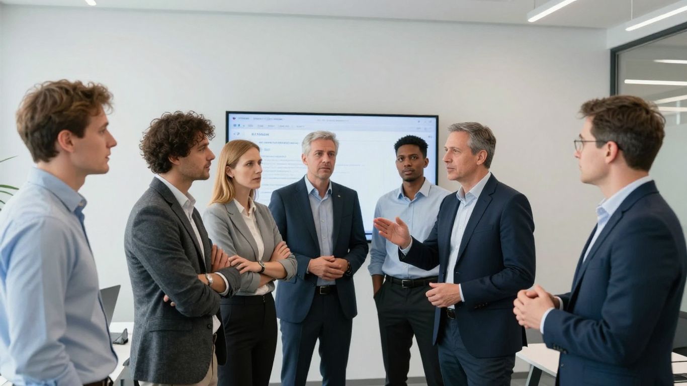 IT-Fachkräfte im Gespräch in einem modernen Büro.