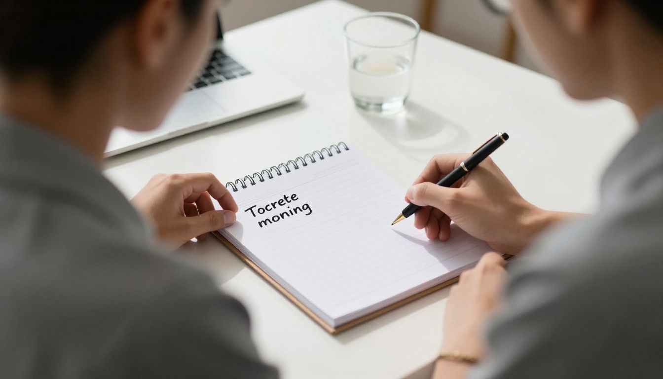 A focused individual sits at a clean desk, looking at a planner with a single, clear goal highlighted. Morning light streams in, symbolizing a fresh start and intentional action.