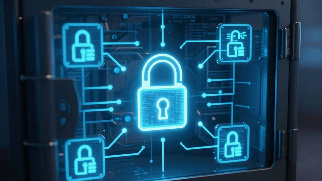Secure digital vault with glowing access keys and padlock.