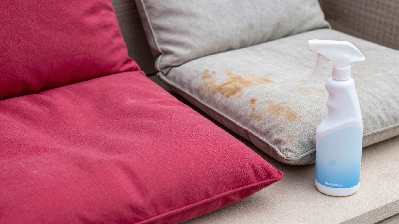 Outdoor cushions, one faded, one vibrant, with protective spray.