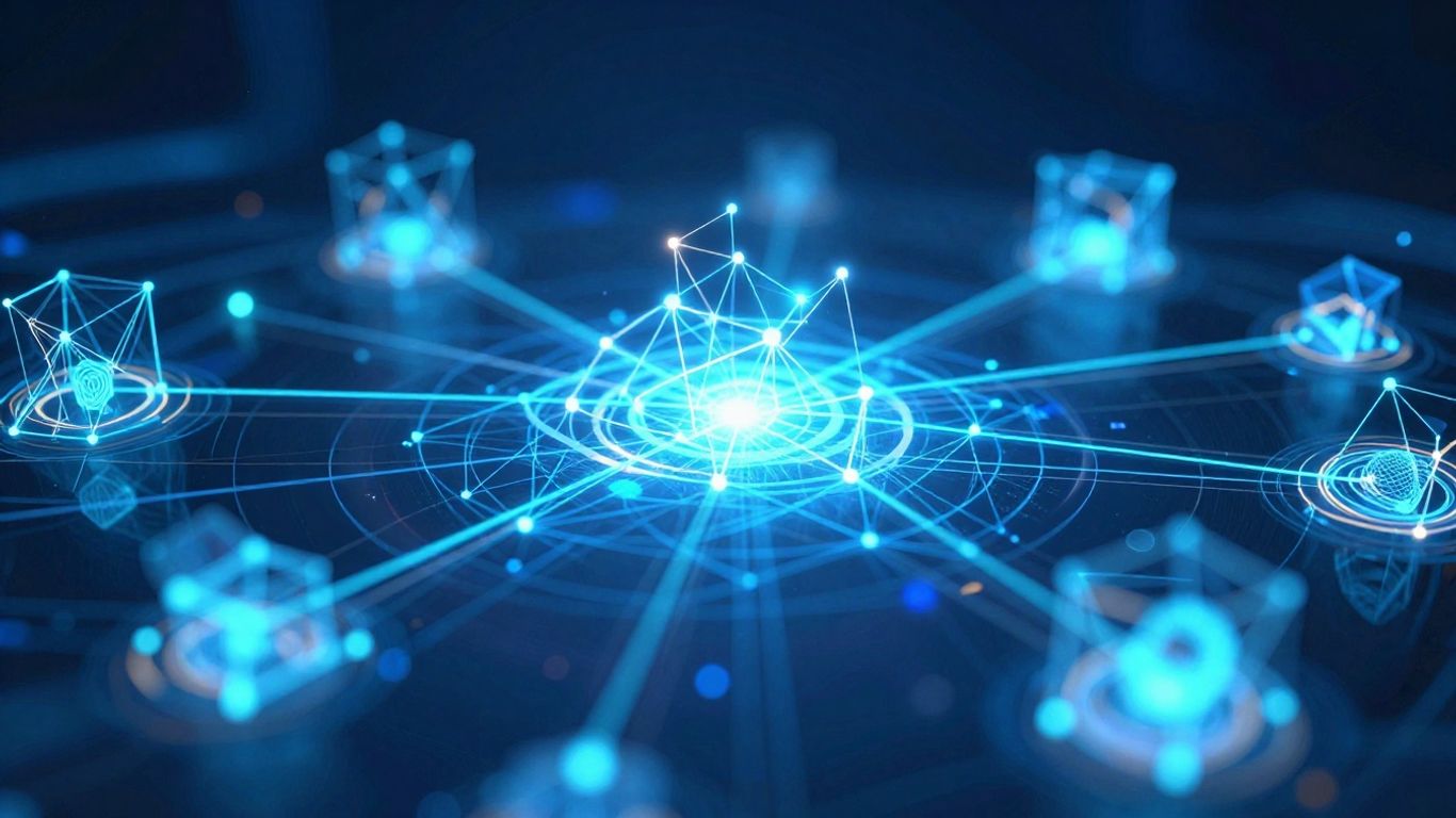 Interconnected digital nodes and futuristic technology shapes.