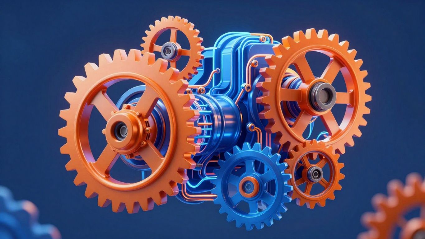 Abstract engine with glowing gears and circuits.
