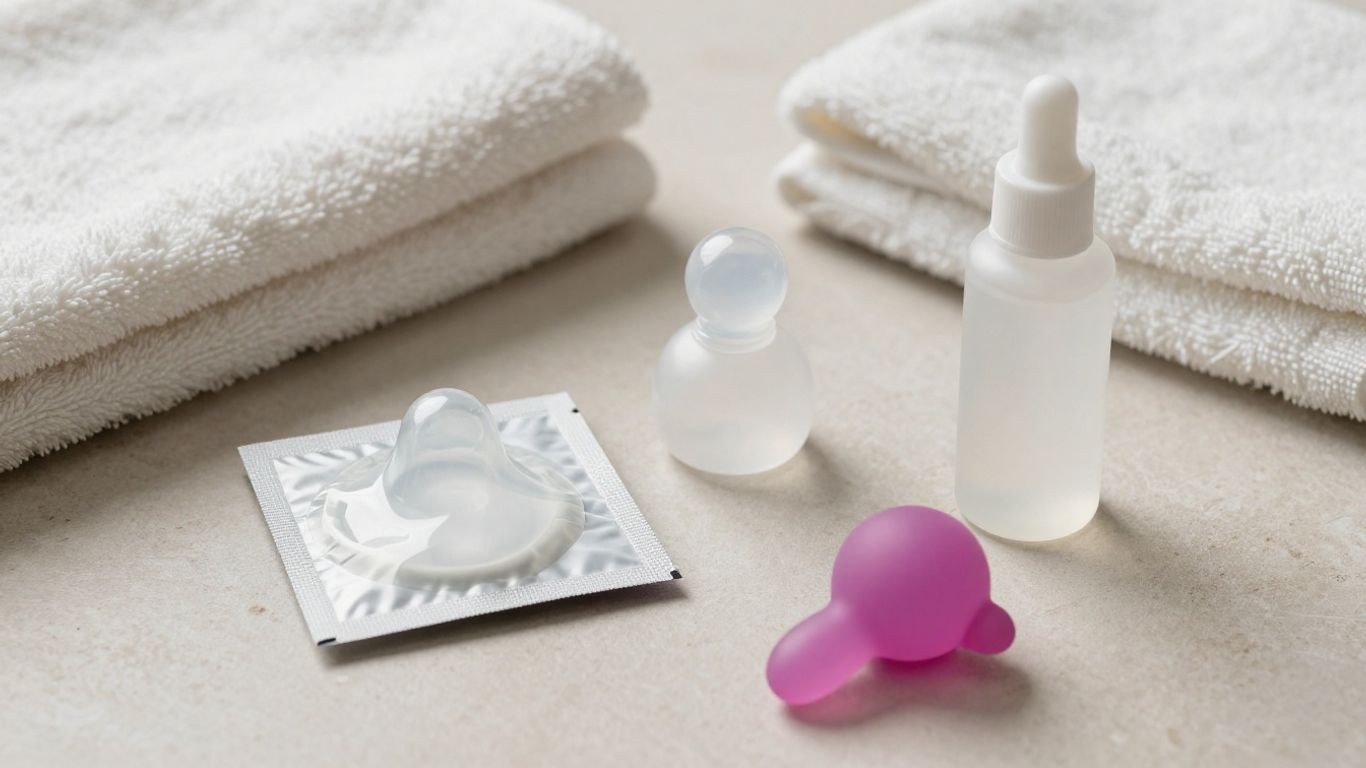 Condom packet and clean glass toy near lubricant