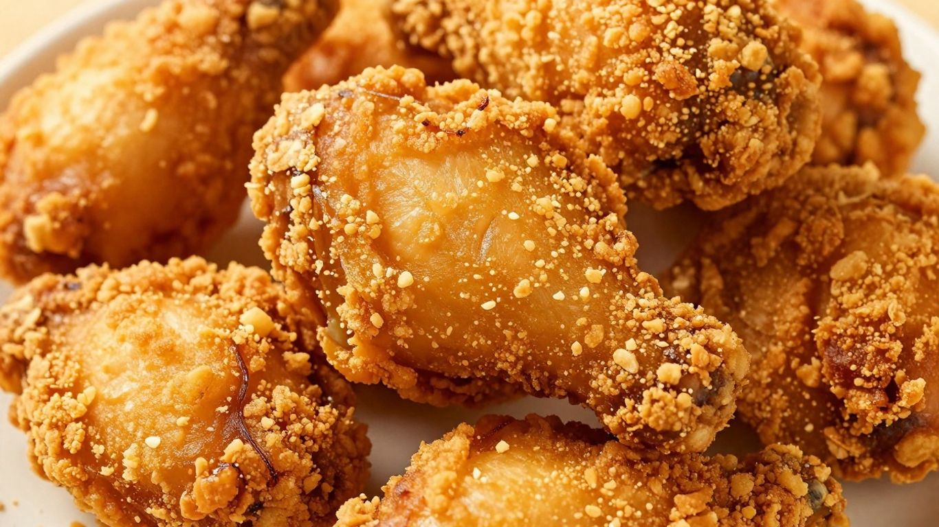 Crispy fried chicken with a textured coating.