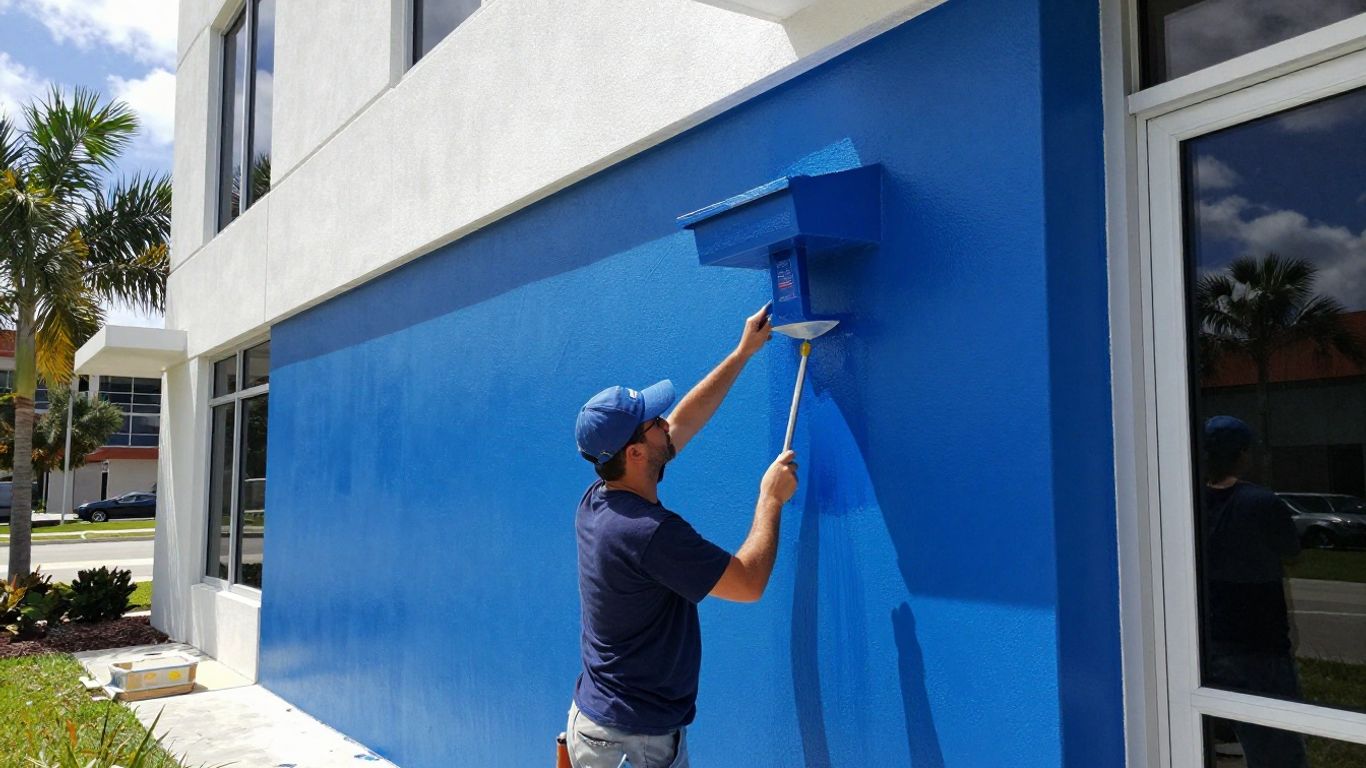 Orlando office building exterior receiving fresh blue paint.