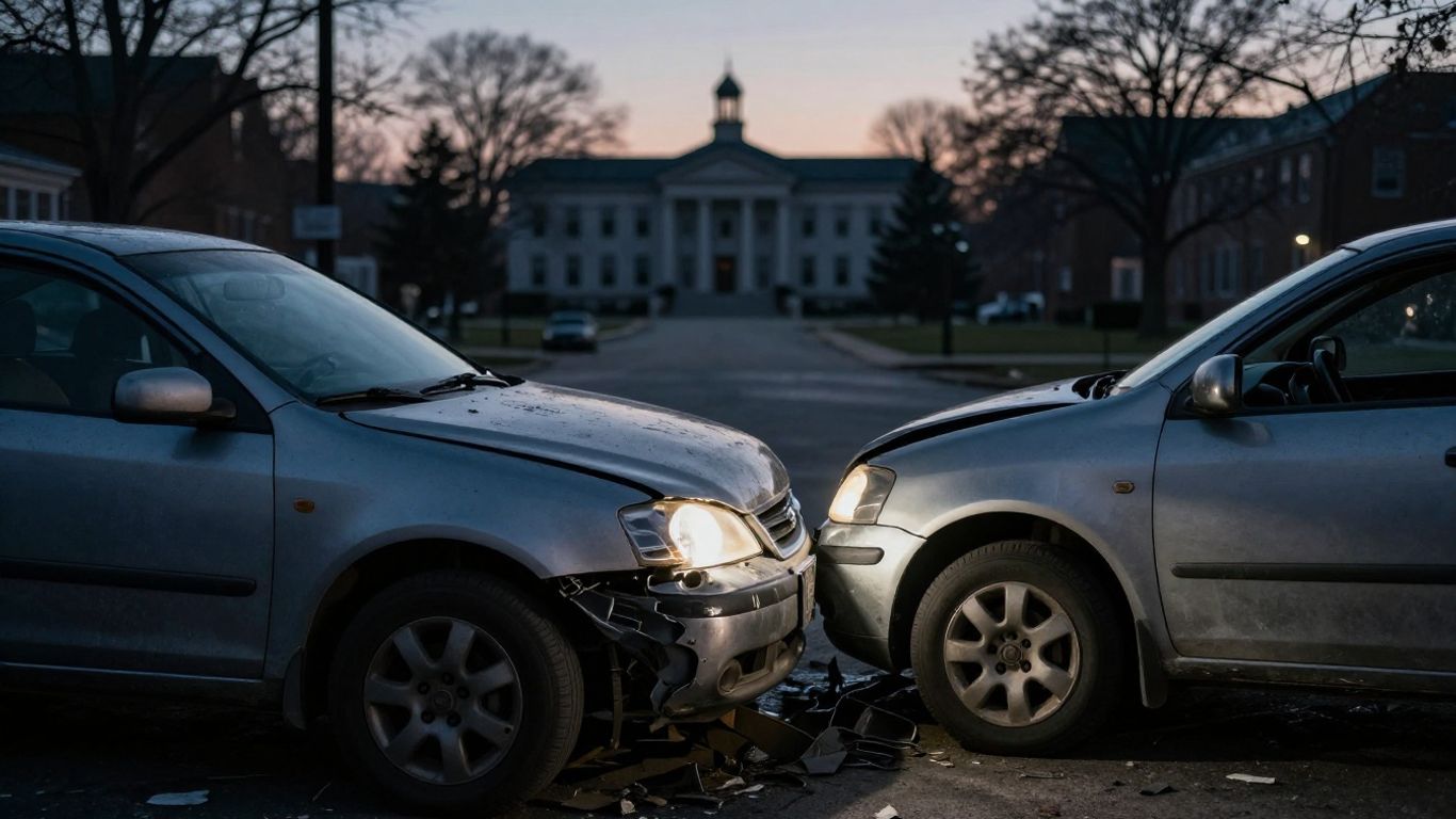 Damaged car at accident scene near courthouse.