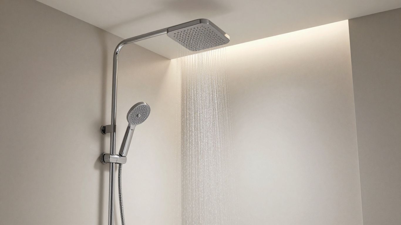 Modern bathroom with ceiling-fed rainfall shower system.