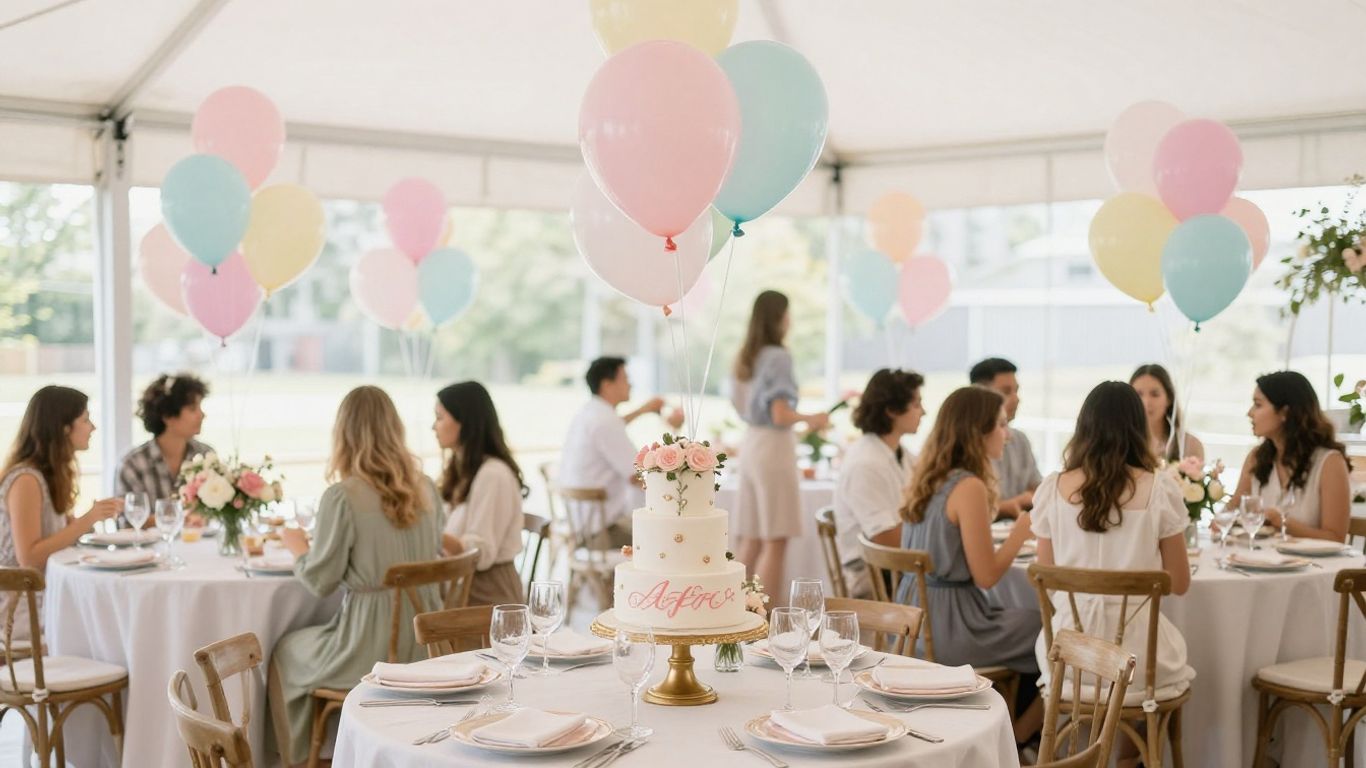 Elegant baby shower venue in Dallas with balloons and flowers.