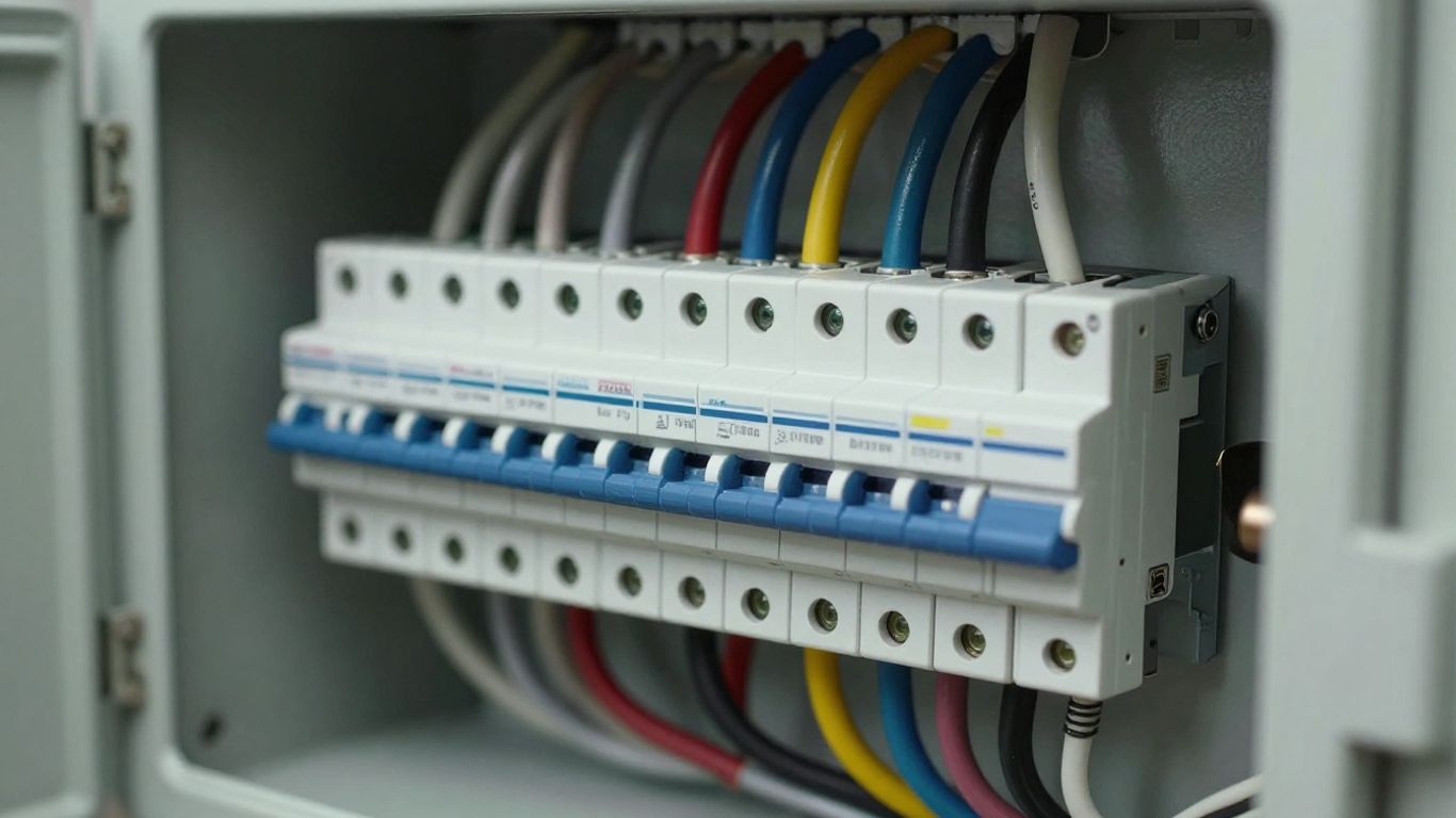 Electrical panel with open cover and visible circuit breakers.