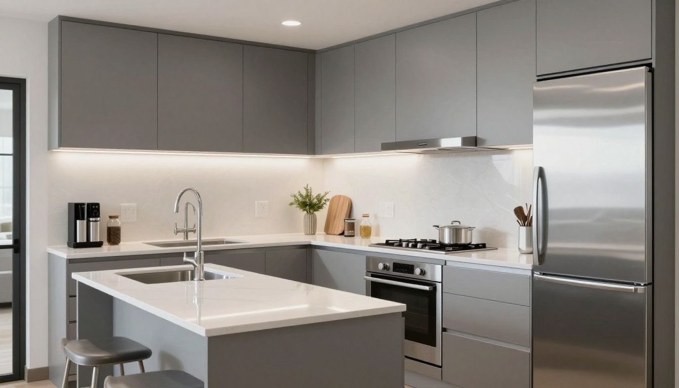 A clean and modern kitchen interior ready for new homeowners, showcasing spotless countertops and stainless steel appliances