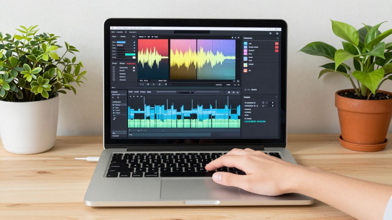 Vmaker AI video editing software interface on laptop.