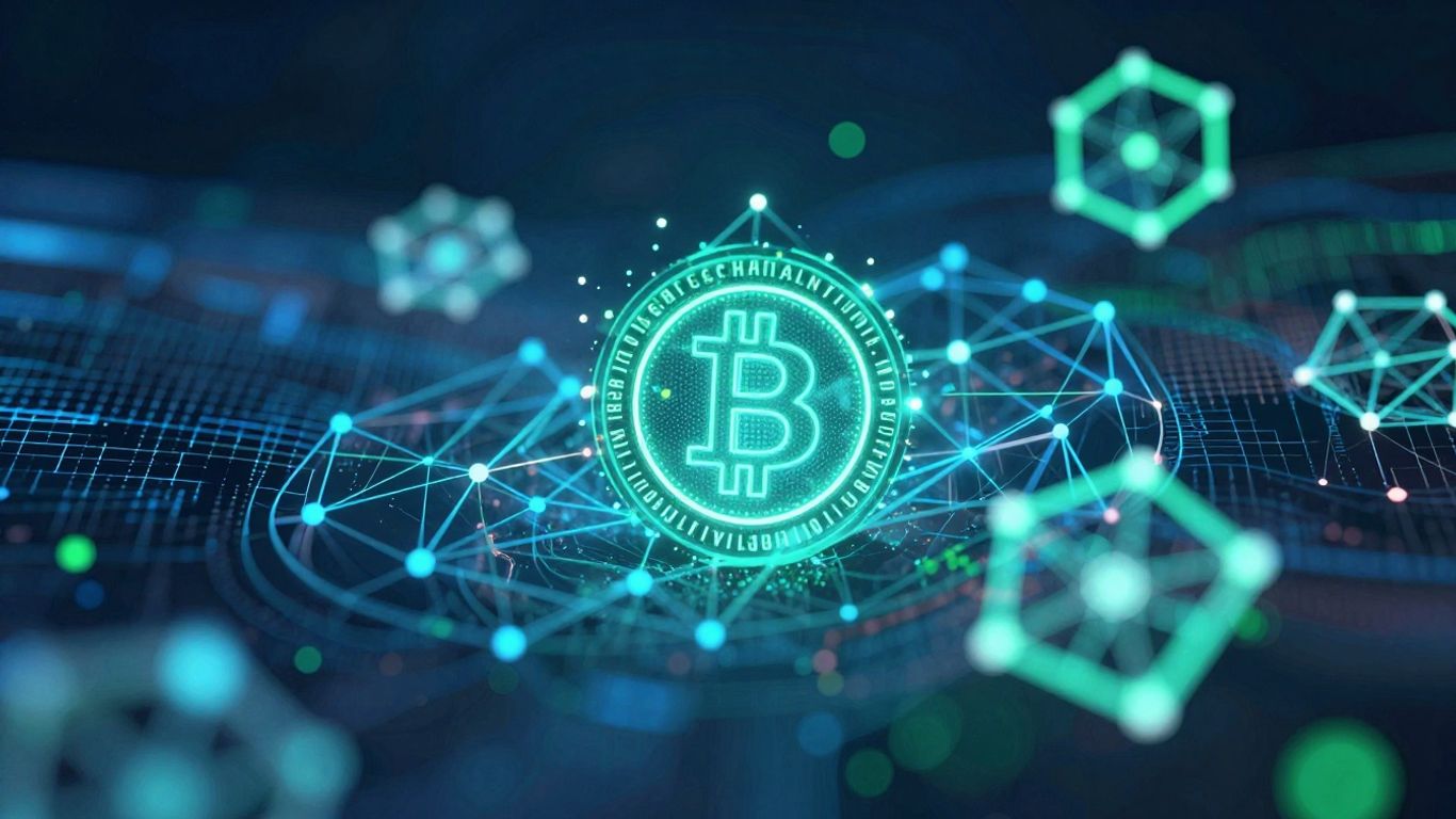 Abstract blockchain network with glowing nodes and digital patterns.