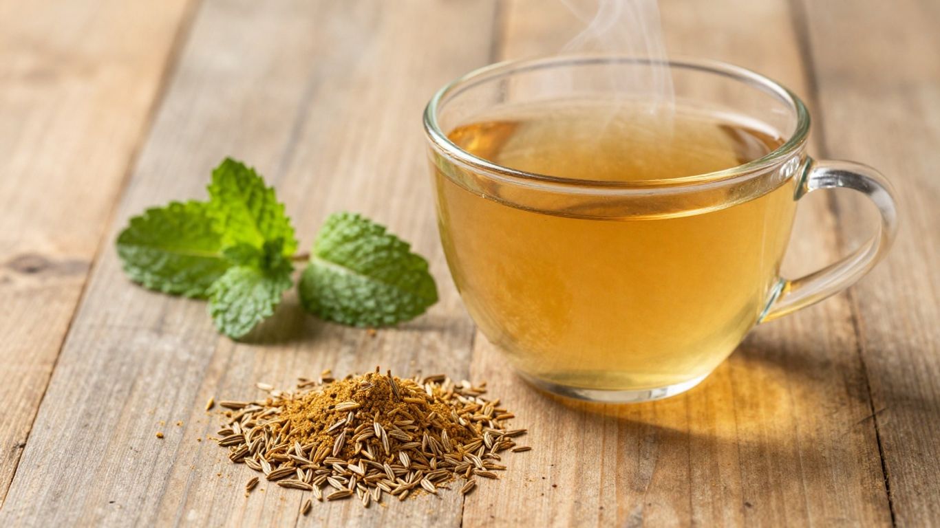 Steaming mug of cumin powder tea with seeds and mint.