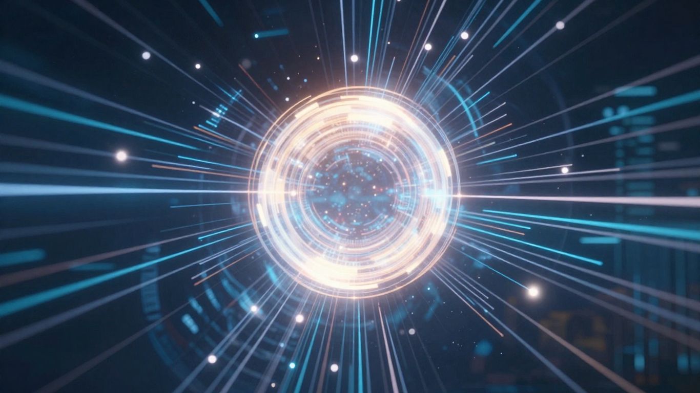 Digital strategy with data streams and glowing orb.
