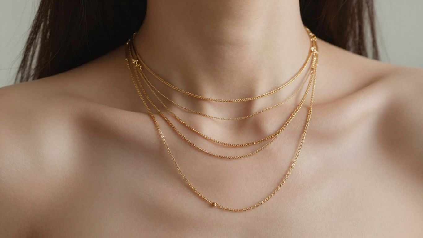 A model wearing multiple gold necklaces