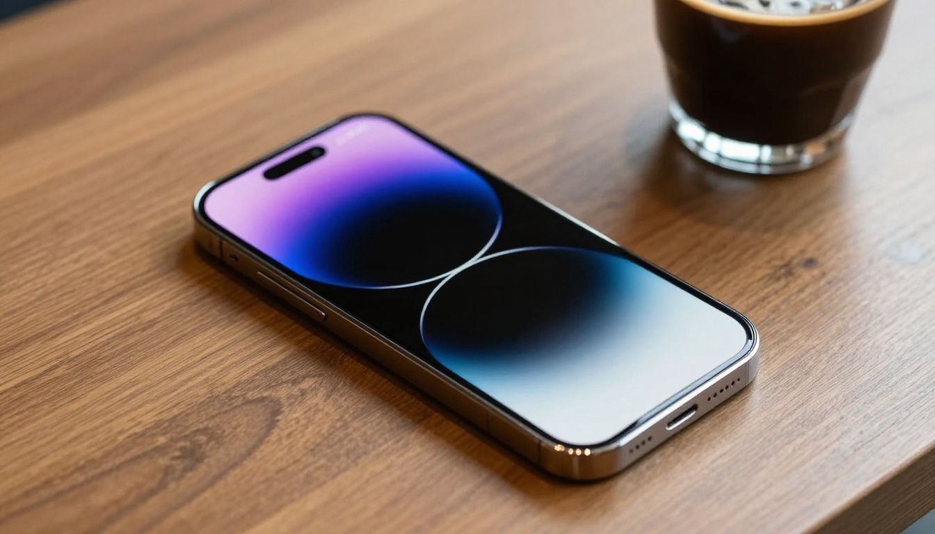An iPhone 15 Pro Max with a screen protector being wiped clean, sitting on a cafe table next to a cup of coffee.