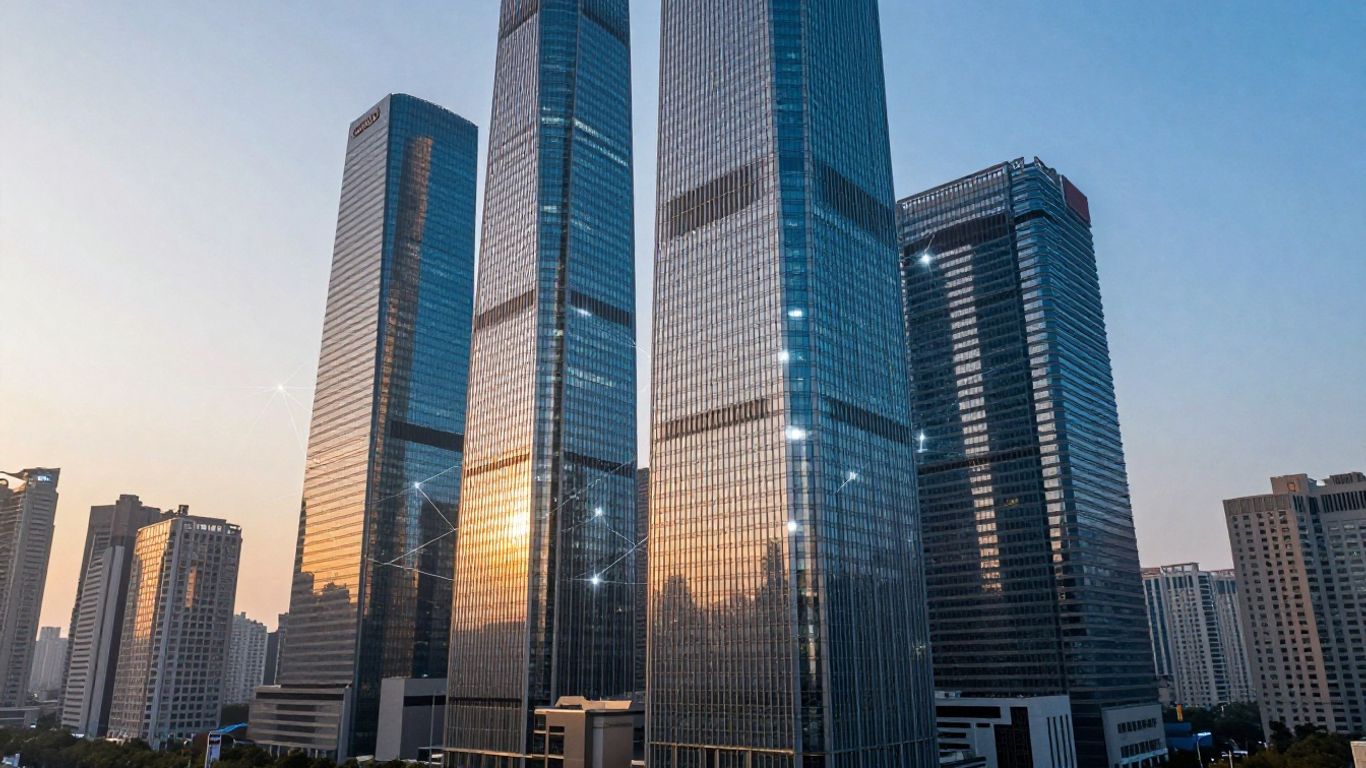 Modern cityscape with glowing financial network lines.