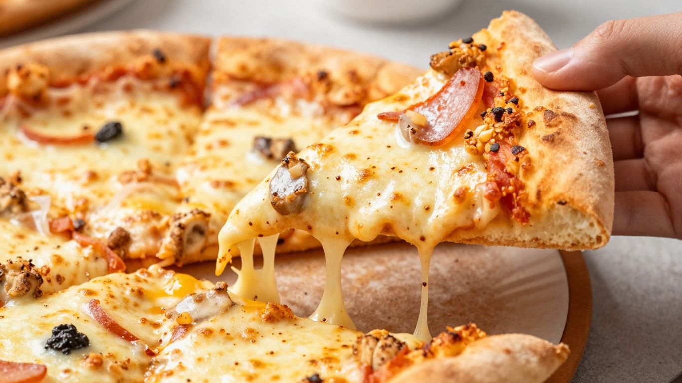 Pizza Pizza Hut avec une main attrapant une tranche.