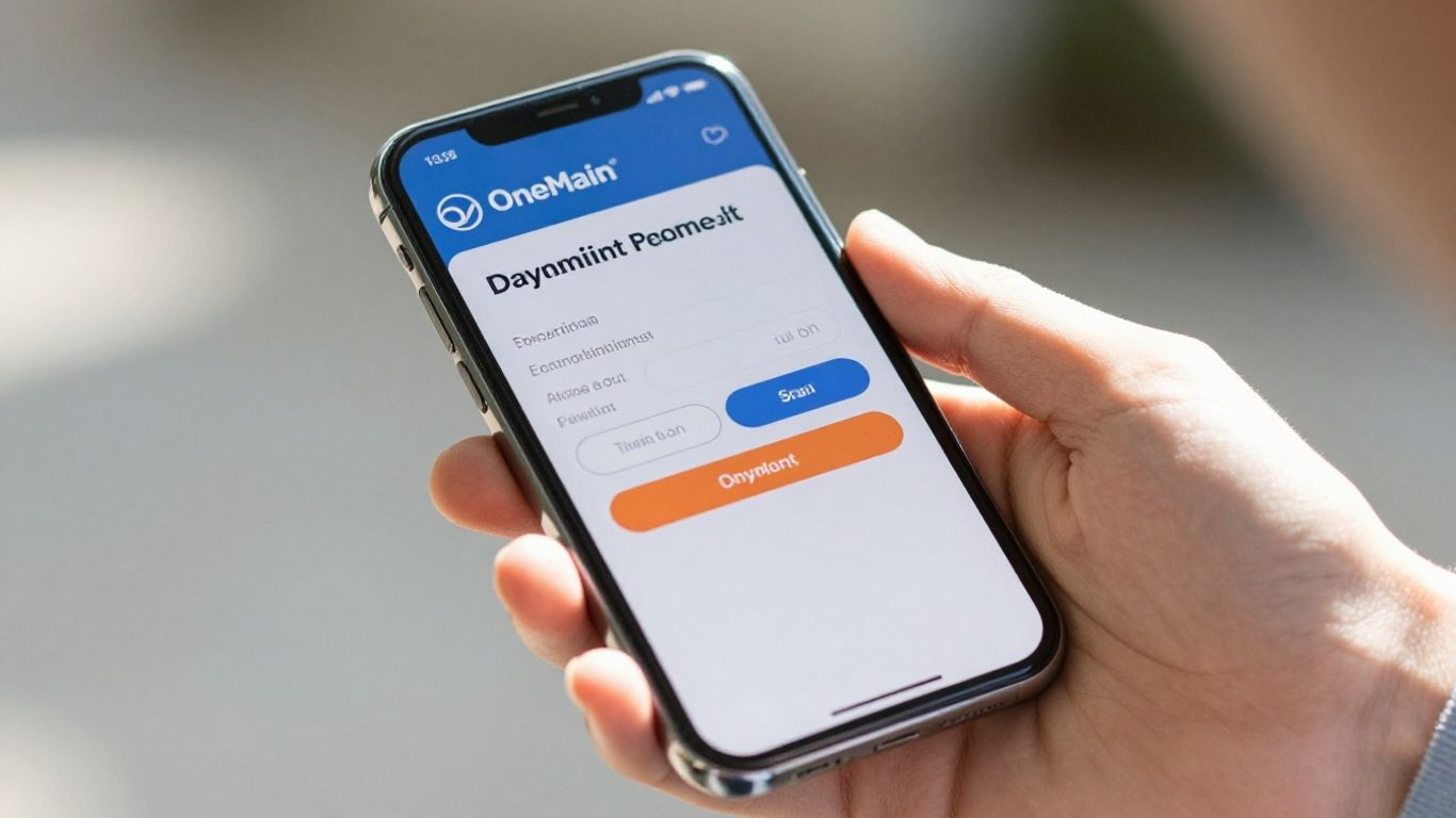 Hand holding phone with OneMain Financial payment confirmation.