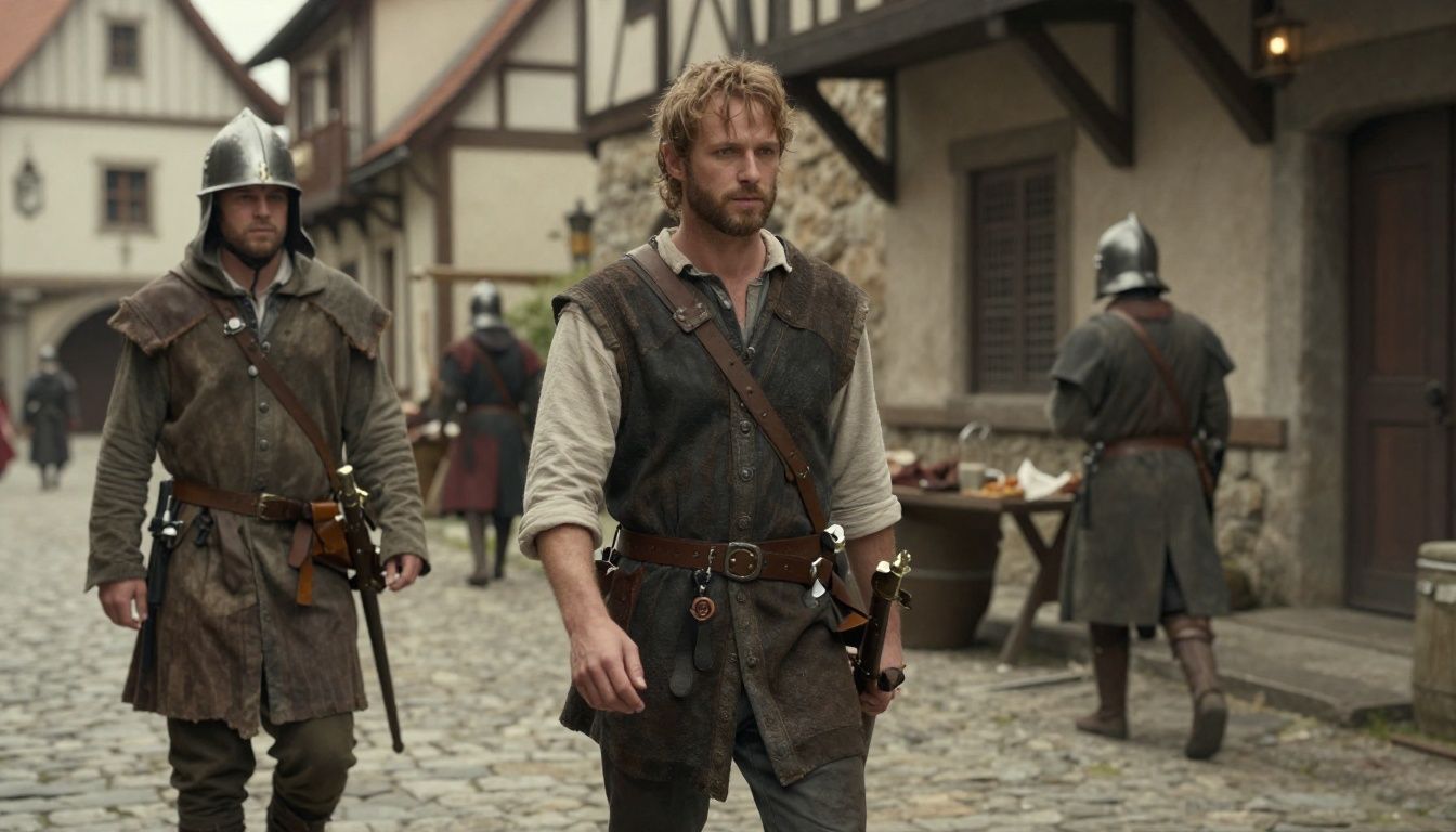 Henry se preparando para atravessar uma cidade medieval cercada por soldados, muralhas e detalhes históricos em Kingdom Come: Deliverance II