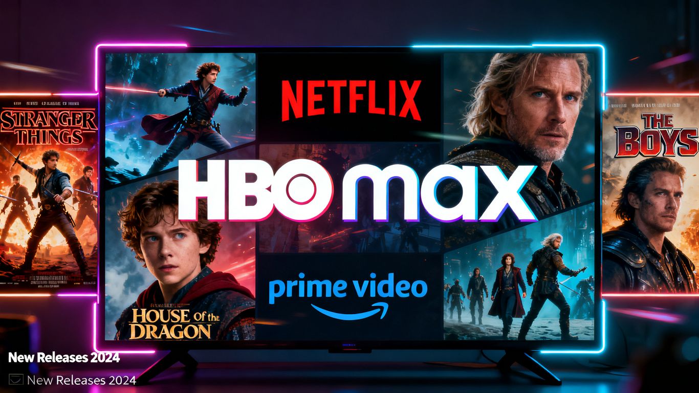 Streaming service logos and movie posters collage.