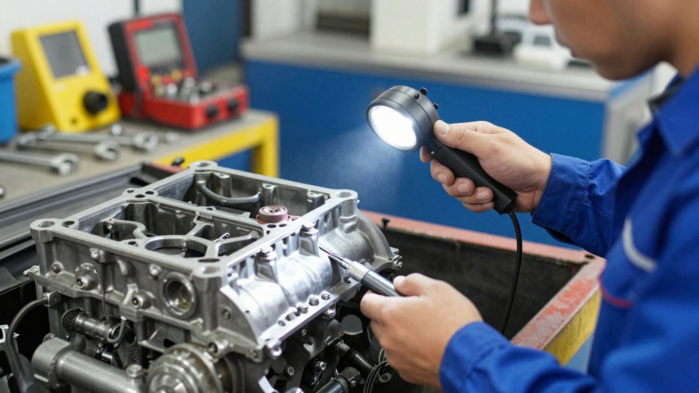 Mechanic inspecting engine components on a work bench