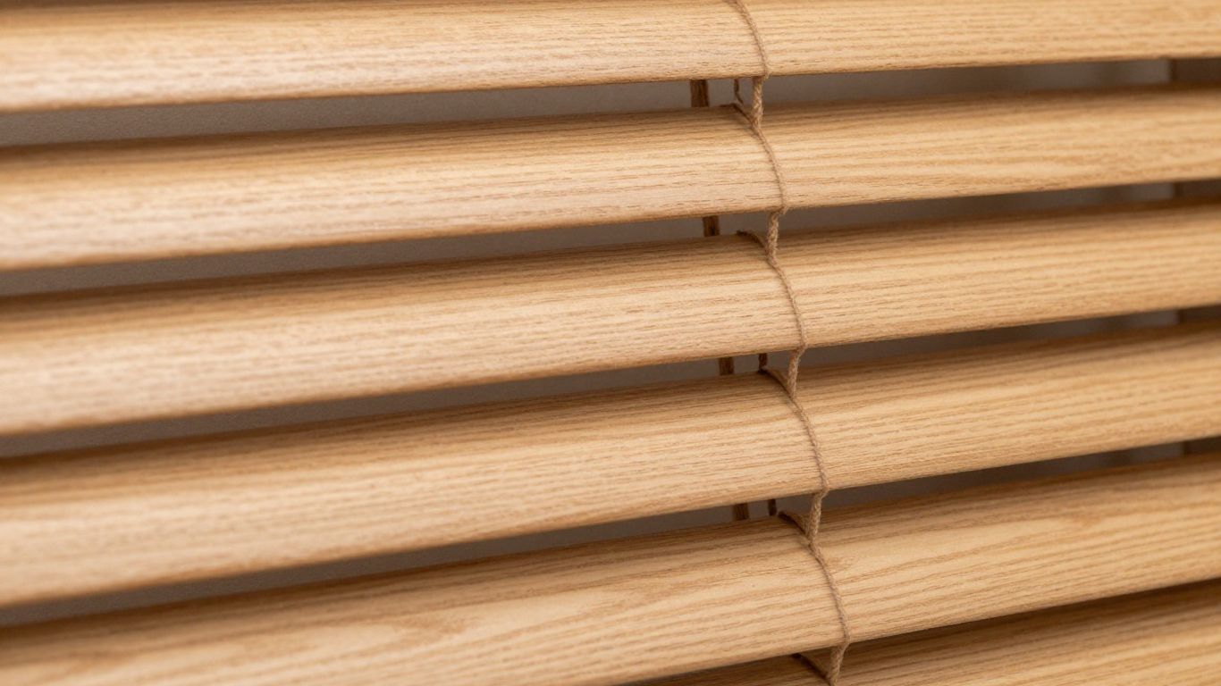 Custom faux wood blinds with natural wood tone.