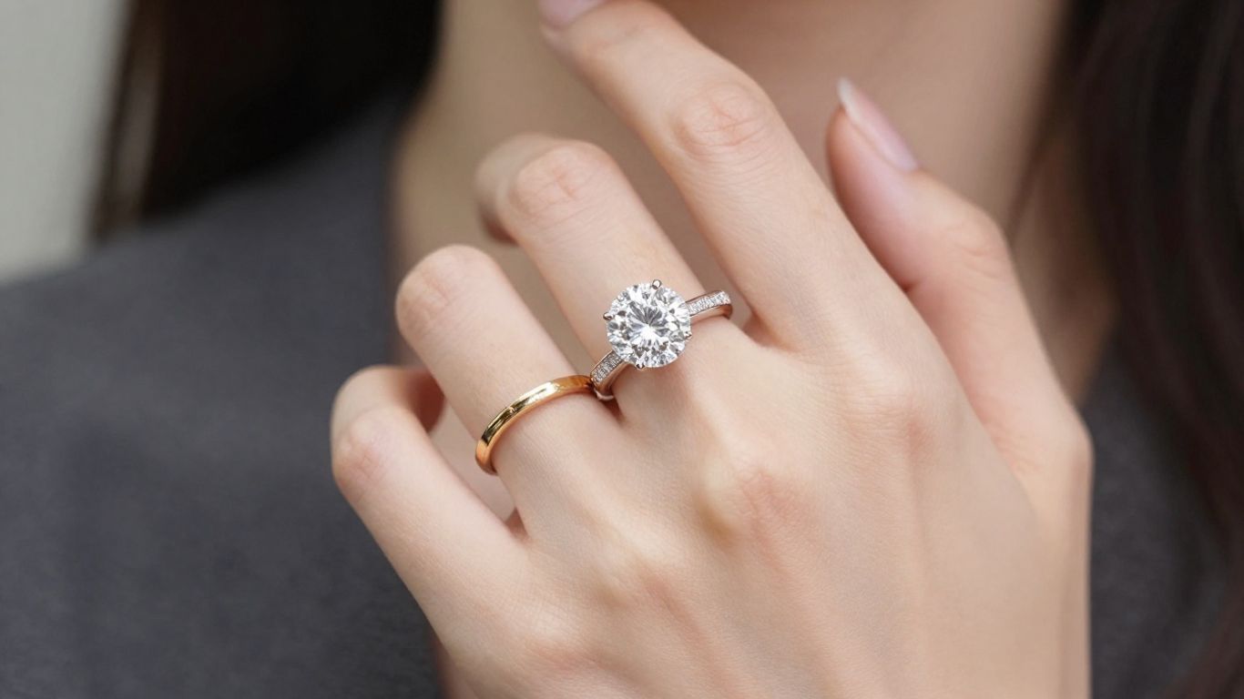 Sparkling diamond ring and gold bracelet on a woman's hand.