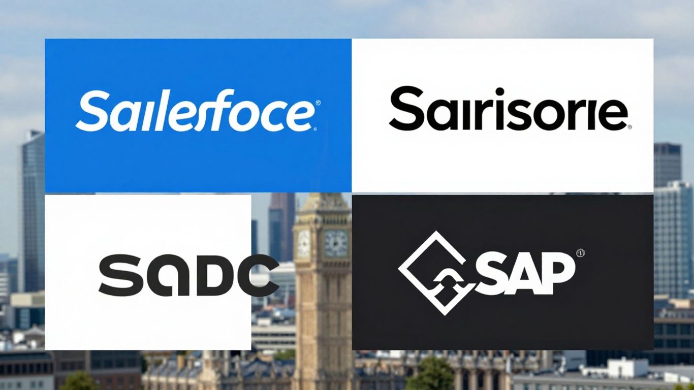 Salesforce and SAP logos contrasted with UK background.