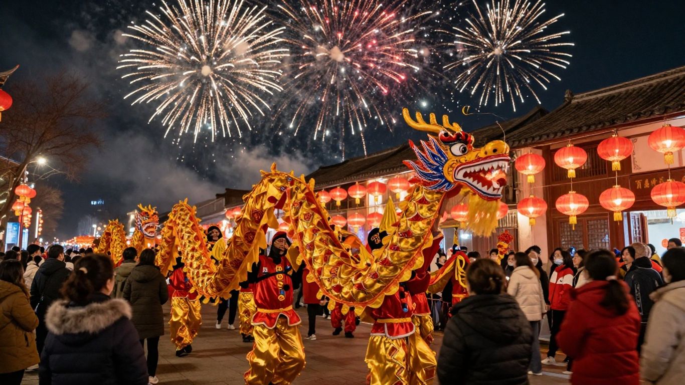 Chinese New Year celebrations with lanterns, dragons, and fireworks.