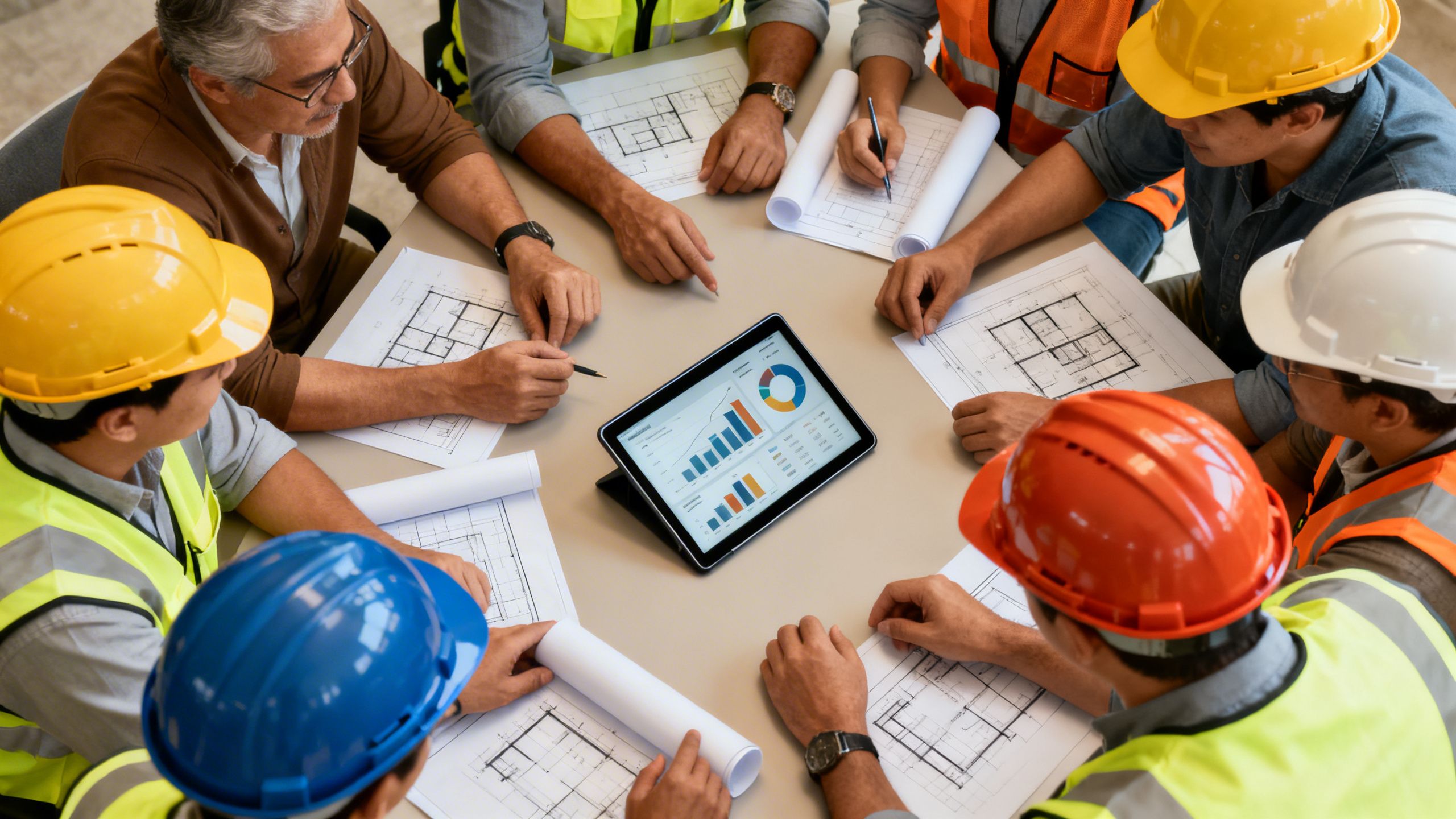 A diverse team of construction professionals collaborating around a table, looking at a tablet displaying charts and graphs, representing unified team management.