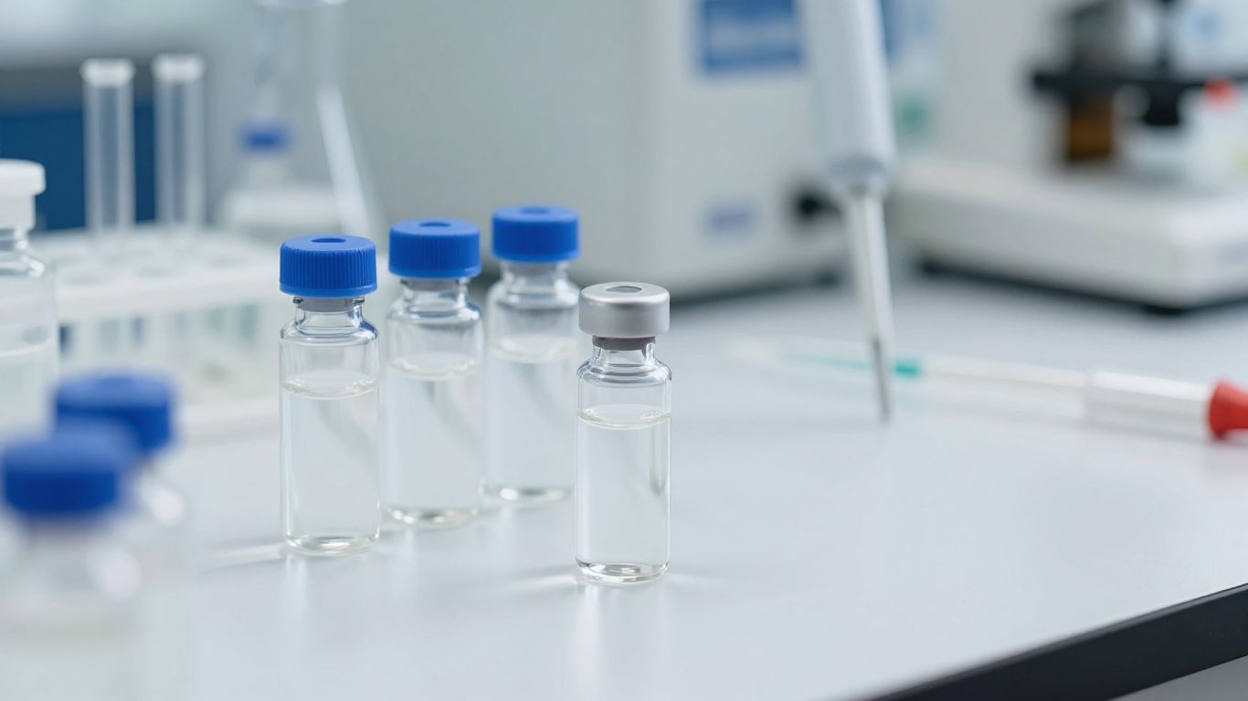 Retatrutide vials and lab equipment.