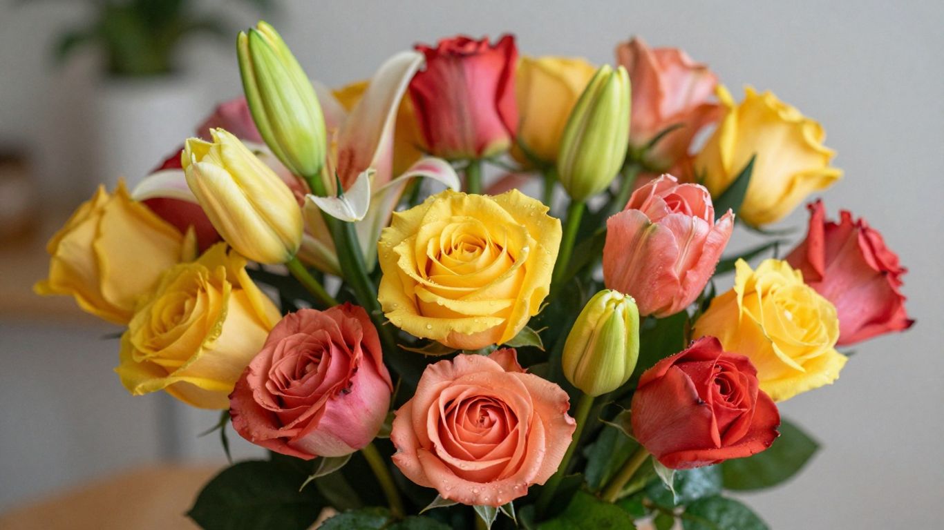 Vibrant bouquet of fresh roses, lilies, and tulips.