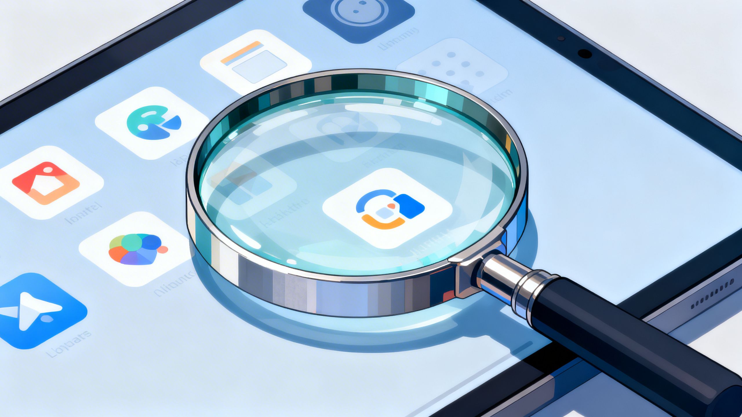 A magnifying glass examining different app icons on a digital screen, representing a careful selection process.