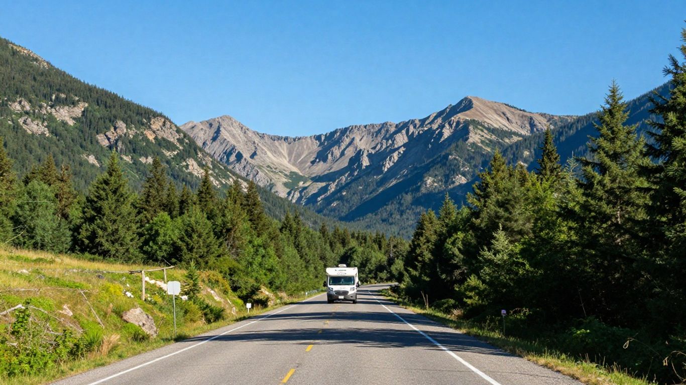 RV driving on a scenic mountain highway in Canada.