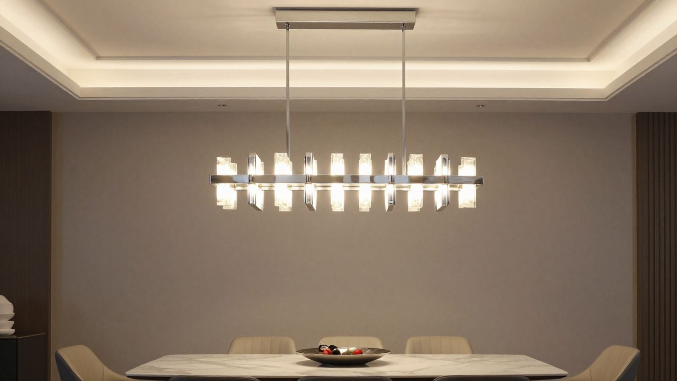 Modern rectangular chandelier illuminating a stylish living space.