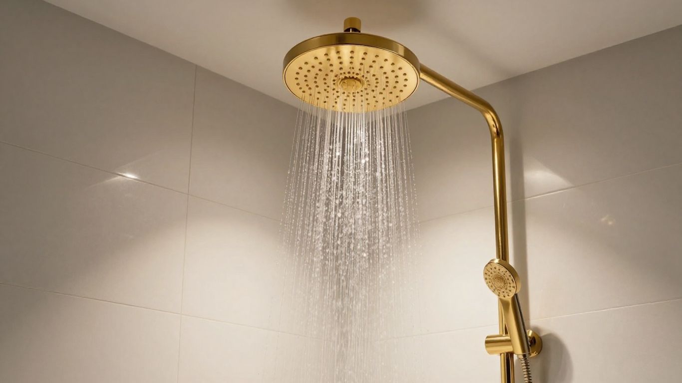 Gold rainfall shower head in a modern bathroom.