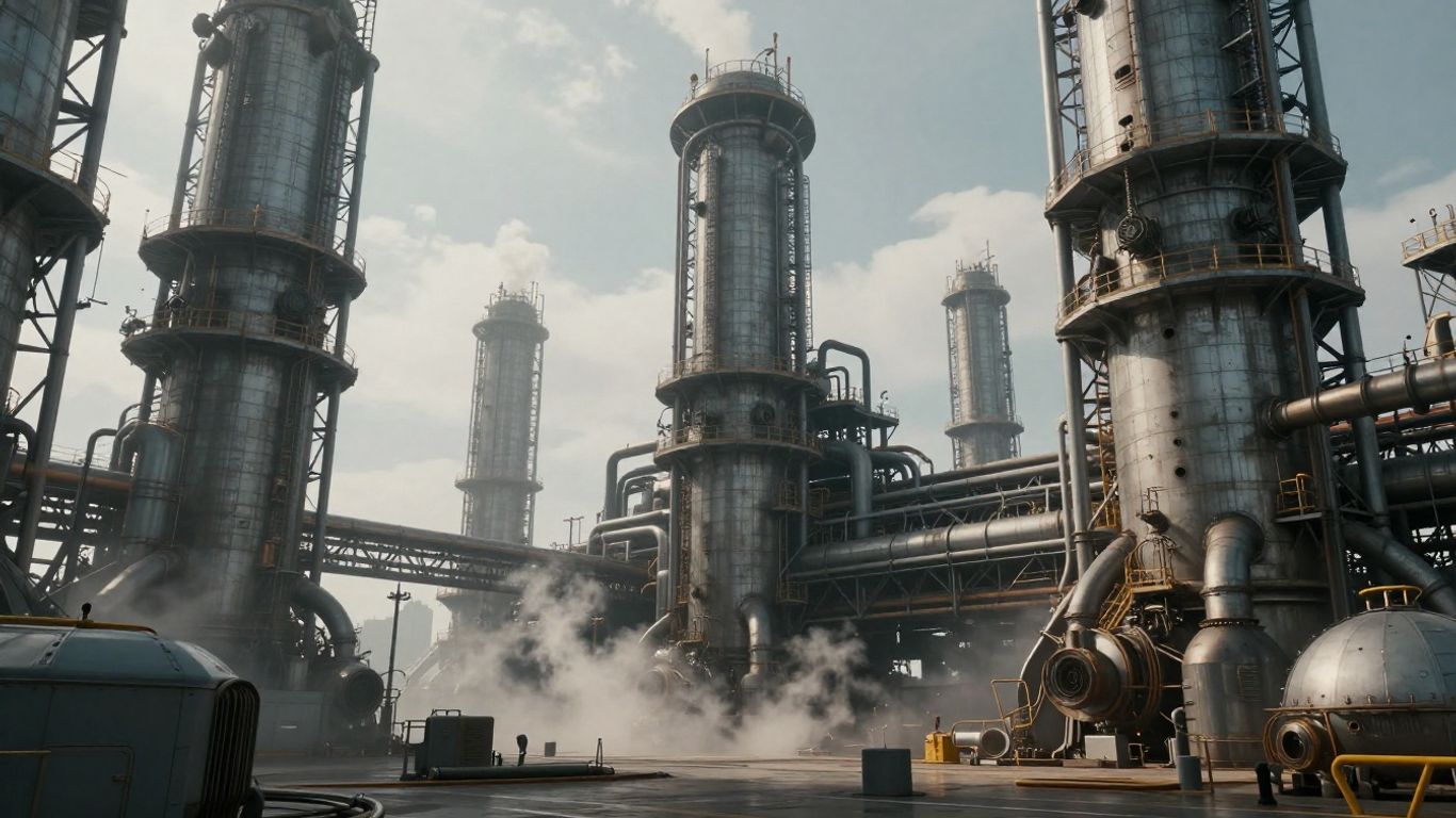 Gigantic Terafab industrial facility with towering structures and machinery.