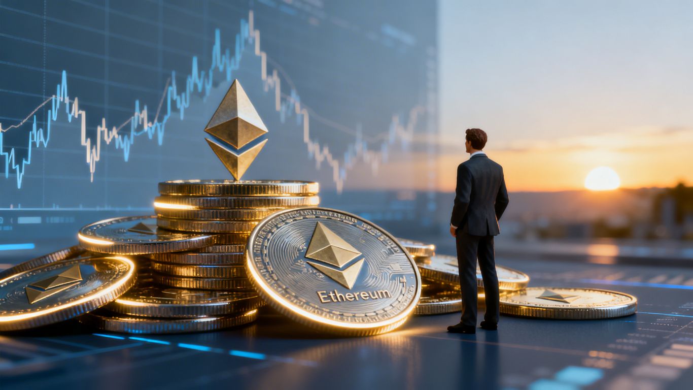 Ethereum coins and chairman looking towards a brighter market.