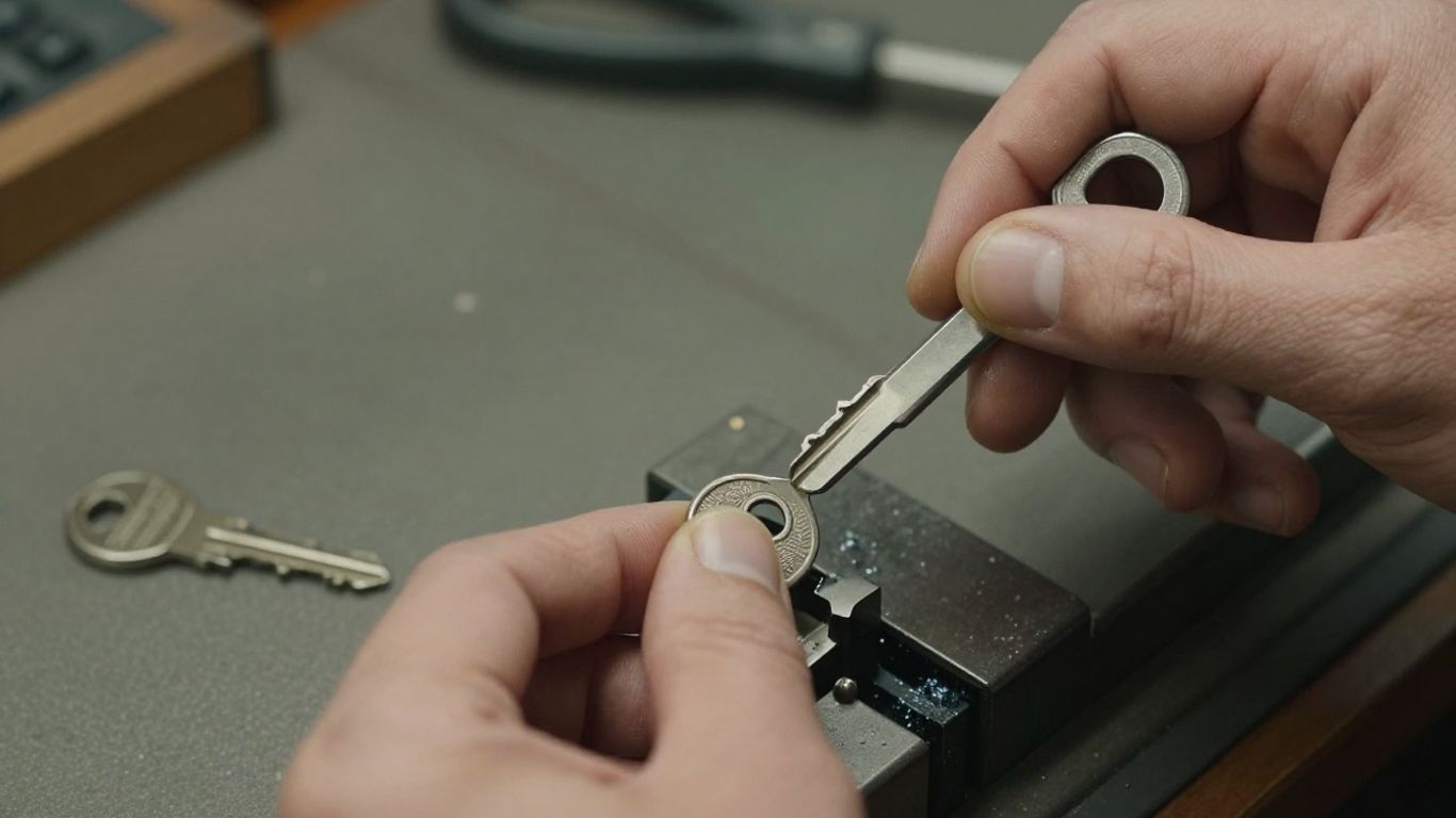 Locksmith cutting a new key with a machine.