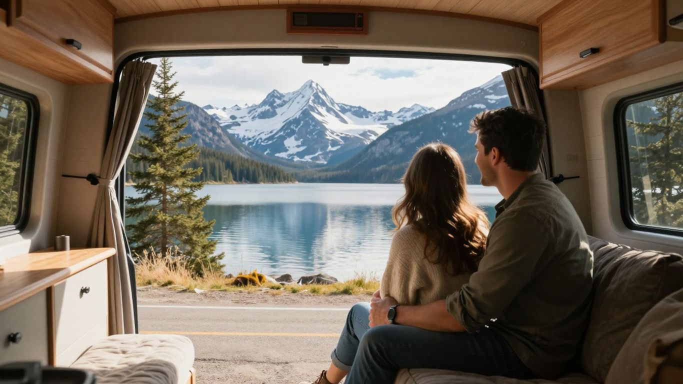 Couple enjoying a campervan trip in scenic Canadian nature.